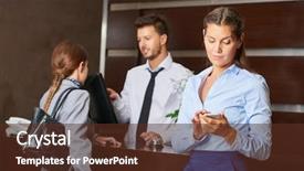  Presentation with tourism hotel - Slide set enhanced with hospitality tourism - concierge at hotel reception serving background and a tawny brown colored foreground