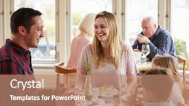  Presentation with restaurant family - Colorful presentation theme enhanced with hospitality tourism - family enjoying meal in restaurant backdrop and a coral colored foreground