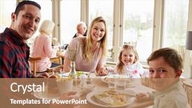  Presentation with restaurant family - Colorful presentation theme enhanced with hospitality tourism - family enjoying meal in restaurant backdrop and a coral colored foreground