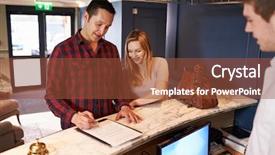  Presentation with hotel industry - Cool new presentation design with hospitality tourism industry - couple checking in at hotel backdrop and a tawny brown colored foreground