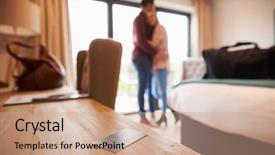  Presentation with hotel key - Cool new slide set with hospitality tourism industry - hotel room key with romantic backdrop and a  colored foreground