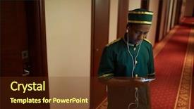  Presentation with hotel industry - Colorful slide deck enhanced with hospitality tourism industry - portrait of african-american bellboy listening backdrop and a  colored foreground