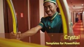  Presentation with hotel industry - Beautiful PPT layouts featuring hospitality tourism industry - portrait of smiling young bellhop backdrop and a  colored foreground
