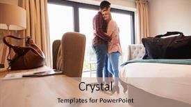  Presentation with hotel key - Amazing presentation theme having hospitality tourism industry - romantic couple with hotel room backdrop and a  colored foreground