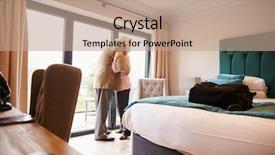  Presentation with hotel bellman - Cool new slide set with hospitality tourism industry - senior couple arriving in hotel backdrop and a  colored foreground