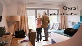  Presentation with hotel industry - Audience pleasing presentation theme consisting of hospitality tourism industry - senior couple arriving in hotel backdrop and a mint green colored foreground