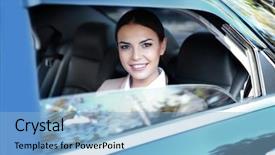  Presentation with luxury car - Presentation theme having hospitality valet - businesswoman in luxury car closeup background and a light blue colored foreground