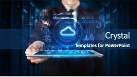  Presentation with cloud technology - Beautiful presentation theme featuring hosted services - hand holding tablet with cloud backdrop and a ocean colored foreground