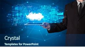  Presentation with cloud technology - Presentation theme featuring hosted services - hand holding tablet with cloud background and a ocean colored foreground