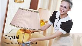  Presentation with hotel housekeeping - Beautiful theme featuring hostel - hotel service female housekeeping worker backdrop and a coral colored foreground