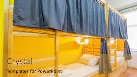  Presentation with hostel - Audience pleasing slide deck consisting of hostel-dormitory-beds-arranged backdrop and a yellow colored foreground