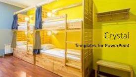  Presentation with hostel - Audience pleasing slide set consisting of hostel-dormitory-beds-arranged backdrop and a gold colored foreground