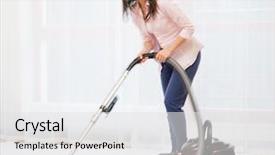  Presentation with cheerful - Slide set enhanced with hostel mess - young cheerful brunette woman vacuum background and a  colored foreground