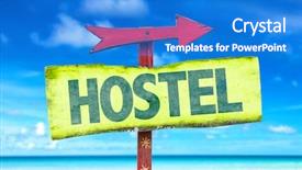 Presentation with hostel - Slide set having hostel sign with beach background background and a cobalt blue colored foreground