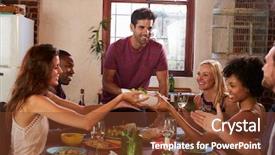  Presentation with round table - Amazing slide deck having hosting - host and friends pass food backdrop and a tawny brown colored foreground