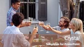  Presentation with outdoor party - Colorful slide deck enhanced with hosting - man toasting speech at friends backdrop and a coral colored foreground