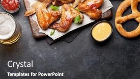  Presentation with hot sauce - Audience pleasing slide deck consisting of hot barbecue chicken wings with sauce and draft beer top view on stone table with copy space backdrop and a dark gray colored foreground