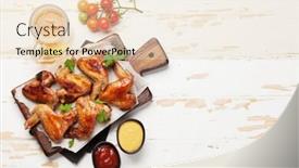  Presentation with hot sauce - PPT theme featuring hot barbecue chicken wings with sauce and draft beer top view on wooden table with copy space background and a lemonade colored foreground