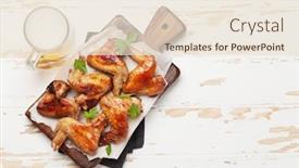  Presentation with hot sauce - Theme consisting of hot barbecue chicken wings with sauce and draft beer top view on wooden table with copy space background and a lemonade colored foreground