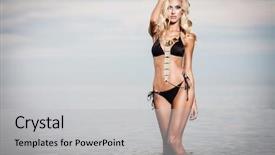  Presentation with calm sea - PPT theme featuring hot beach - young woman in black bikini background and a light gray colored foreground