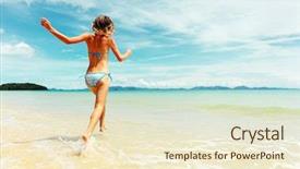  Presentation with running - Slide deck with hot beach - young woman running into sea background and a cream colored foreground