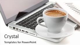  Presentation with newspaper laptop - PPT layouts consisting of hot cappuccino cup on laptop and newspaper on white background and a white colored foreground