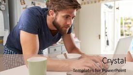  Presentation with mobile phone addiction - Slide set consisting of hot cereal - man eating breakfast whilst using background and a coral colored foreground