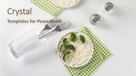  Presentation with white plate - Beautiful PPT theme featuring hot cereal - plate with rice and broccoli backdrop and a soft green colored foreground