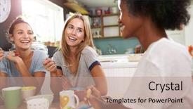  Presentation with breakfast - Slides having hot cereal - three female friends enjoying breakfast background and a coral colored foreground
