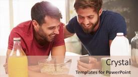  Presentation with text message - Slide set enhanced with hot cereal - two male friends having breakfast background and a  colored foreground