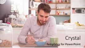  Presentation with using digital tablet - Presentation design having hot cereal - young man eating breakfast whilst background and a lemonade colored foreground