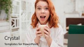  Presentation with coffee chocolate - Colorful PPT layouts enhanced with hot chocolate - picture of young redhead surprised backdrop and a soft green colored foreground