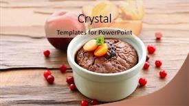  Presentation with hot chocolate - Colorful slides enhanced with hot chocolate pudding with fondant centre on table close-up backdrop and a lemonade colored foreground