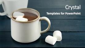  Presentation with hot chocolate - Presentation theme having hot chocolate with marshmallows in mug on wooden background background and a ocean colored foreground