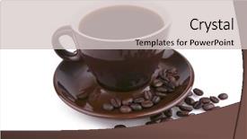  Presentation with coffe - Presentation theme having hot coffe in brown ceramic mug over white and coffee grains background and a light gray colored foreground