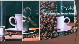  Presentation with hot and cold coffee cup - Slide deck enhanced with hot coffee coffee grinder turk and cup of hot coffee with coffee beans and saucer on a brown table dark background background and a ocean colored foreground