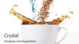  Presentation with water cup - PPT theme enhanced with hot coffee is splashing in cup water and beans are blending background and a white colored foreground