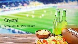  Presentation with beer pong table - Audience pleasing theme consisting of hot dog - beer with snack and ball backdrop and a mint green colored foreground