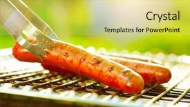  Presentation with barbecue - Amazing PPT layouts having hot dog - grilled sausage on the flaming backdrop and a yellow colored foreground