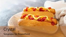  Presentation with hotdog corn dog street junk - Beautiful slide set featuring hot dog with cheese ketchup backdrop and a gold colored foreground