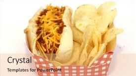  Presentation with white cheese - Slide deck having hot dog with chili con background and a yellow colored foreground