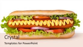  Presentation with dog - Colorful slides enhanced with hot dog with mustard isolated backdrop and a gold colored foreground