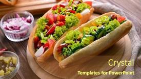  Presentation with border organic vegetables on wood - Colorful presentation theme enhanced with hot dogs and vegetables on wooden cutting board backdrop and a tawny brown colored foreground