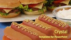  Presentation with dog food - Amazing PPT layouts having hot dogs hamburgers and ingredients backdrop and a red colored foreground