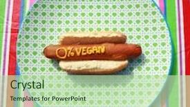  Presentation with mustard yellow - Presentation theme enhanced with hot dogs with words and slogans written in yellow mustard 0 percent vegan background and a mint green colored foreground