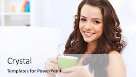  Presentation with tea cup - Slides enhanced with hot drink - portrait of lovely young woman background and a sky blue colored foreground