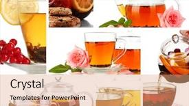  Presentation with tea tasting - Colorful PPT theme enhanced with hot drink - tasty tea collage backdrop and a coral colored foreground