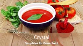  Presentation with thyme - Beautiful slide deck featuring hot fresh diet tomato soup with basil thyme and dry pepper in big bowl on wood table backdrop and a coral colored foreground