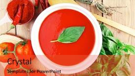  Presentation with thyme - Beautiful presentation featuring hot fresh diet tomato soup with basil thyme and dry pepper in big bowl on wood table backdrop and a red colored foreground