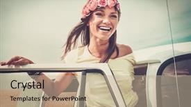  Presentation with road trip - Audience pleasing PPT theme consisting of hot girls - hippie girl in a van backdrop and a coral colored foreground